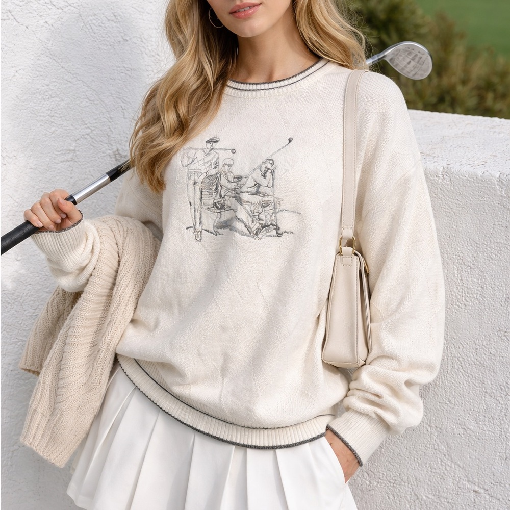 Vintage Golf Sweater Preppy Old Money Cream Knit Country Club Grandpa Core L